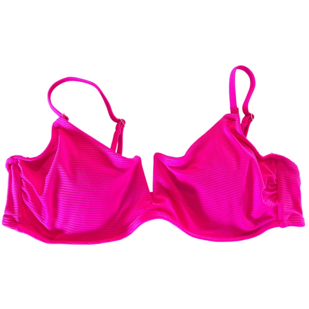 No‎ Boundaries Neon Pink Ribbed V-Wire Bikini Top Women Size L 11-13 Underwire